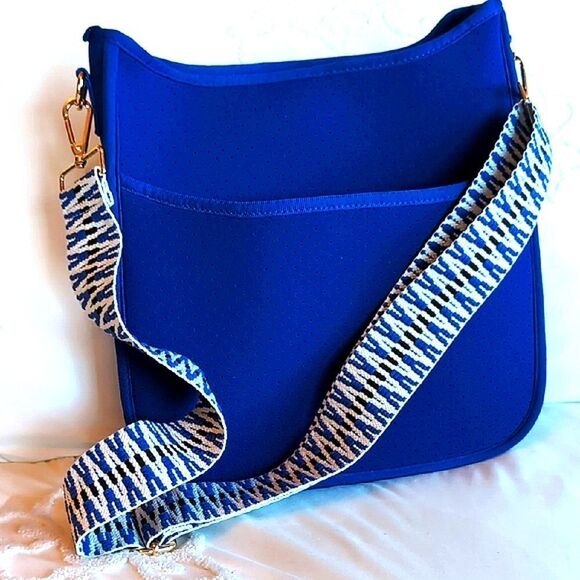 Ah dorned Royal Blue Neoprene Messenger Bag Style -Blue/Black White Woven Strap - Picture 2 of 15